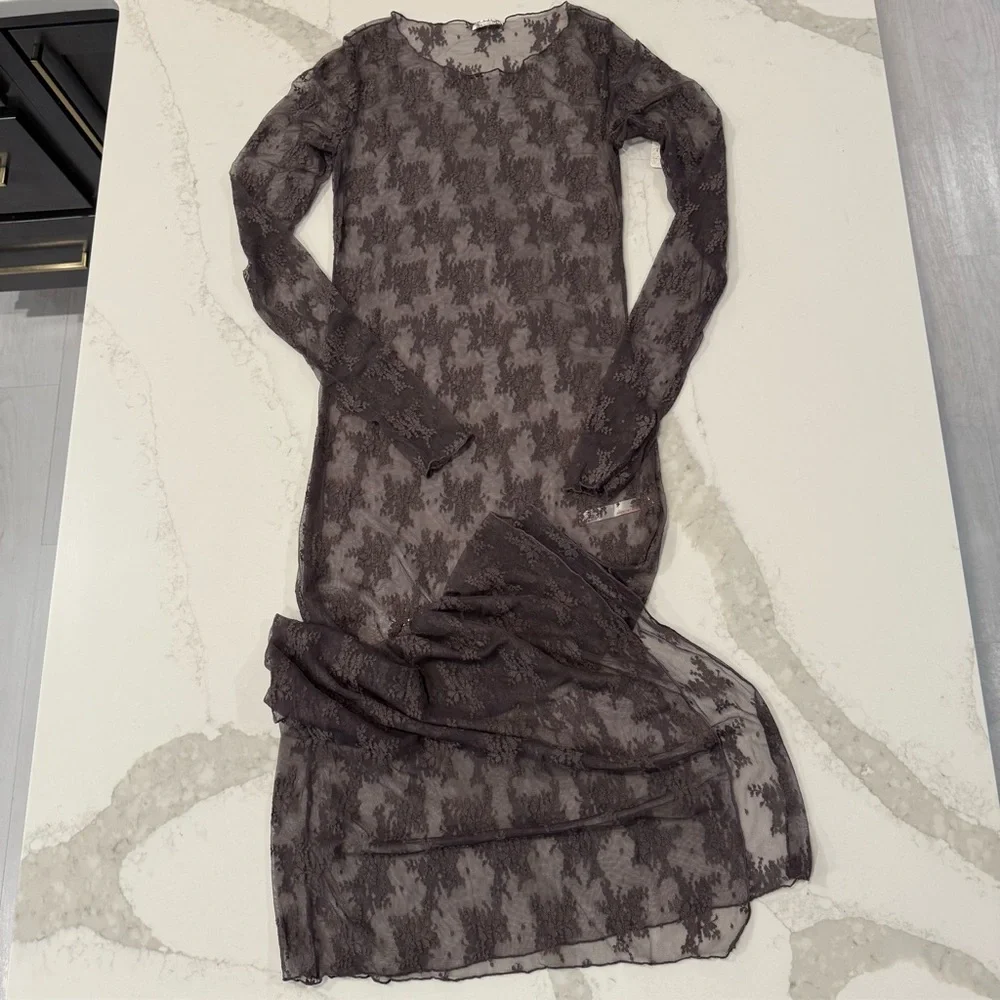 Free People NWT Lady Lux Maxi Sheer Lace Slip Dress Womens Medium Dark Gull Gray - Picture 3 of 10